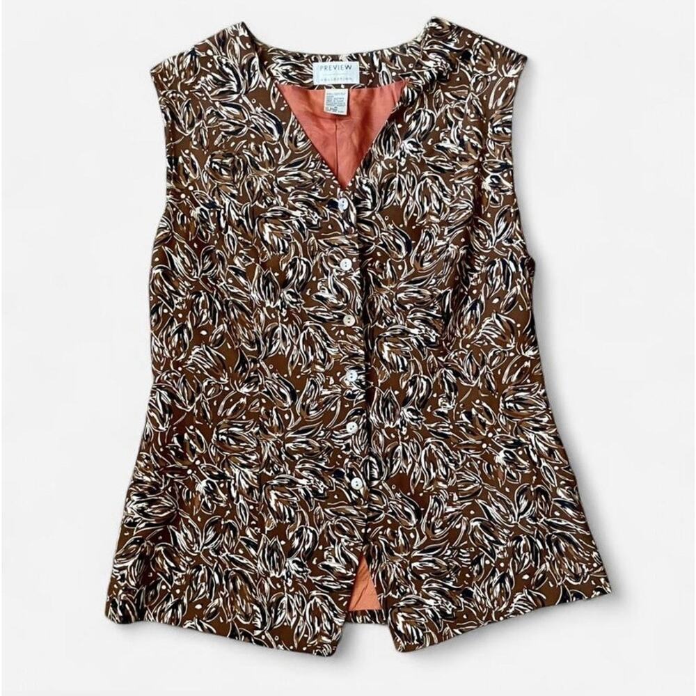 VTG Preview Collection 100% Silk Vest Top Lined Abstract Brown Orange Sz M